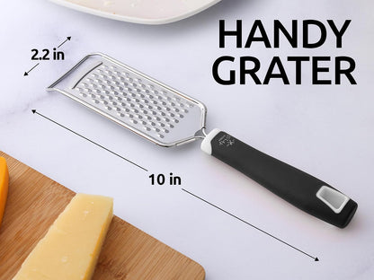 Professional Cheese Grater Stainless Steel - Durable Rust-Proof Metal Lemon Zester Grater With Handle - Flat Handheld Grater For Cheese, Chocolate, Spices, And More - Black
