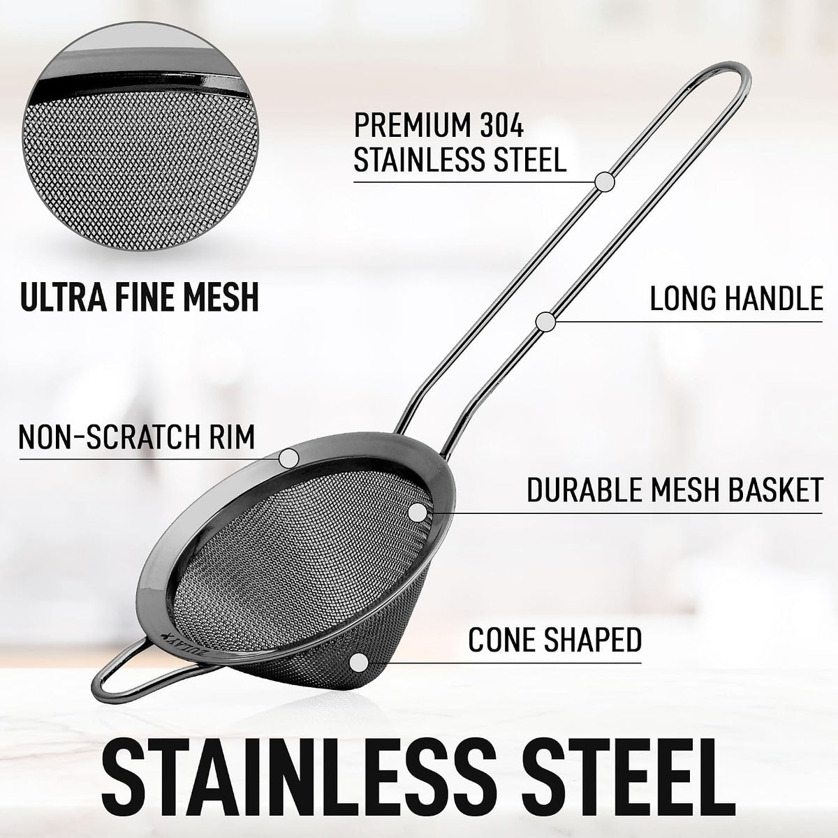 304 Stainless Steel Fine Mesh Strainer 3.35 in - Strainers Fine Mesh, Tea Strainers for Loose Tea - Perfect for Tea, Cocktails, Juicing, Drinks, Liquids, Matcha, Coffee & More