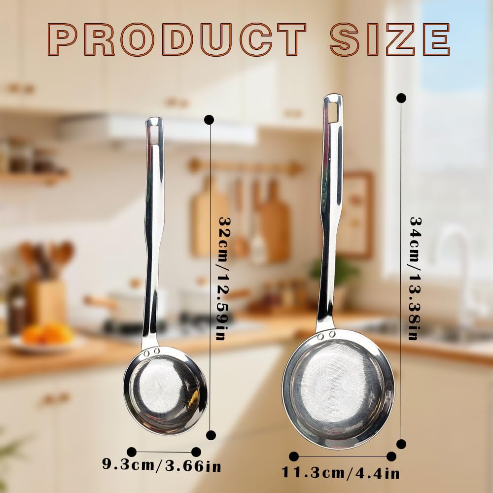 Fine Mesh Strainer Set of 2, Stainless Steel Kitchen Sieve Skimmer, Multi‑Purpose Food Filter for Tea, Grease Skimming, Baking and Cooking, Silver