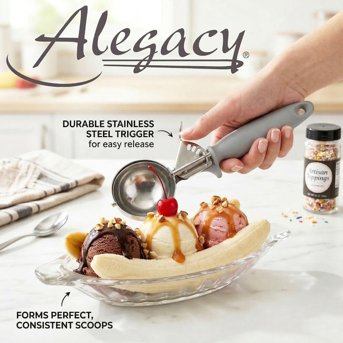 Ice Cream Scoop Disher 4 oz – Stainless Steel Commercial Ice Cream Scooper with Ergonomic Gray Handle – Heavy Duty Trigger Release Portion Scoop for Ice Cream, Gelato | AL1308