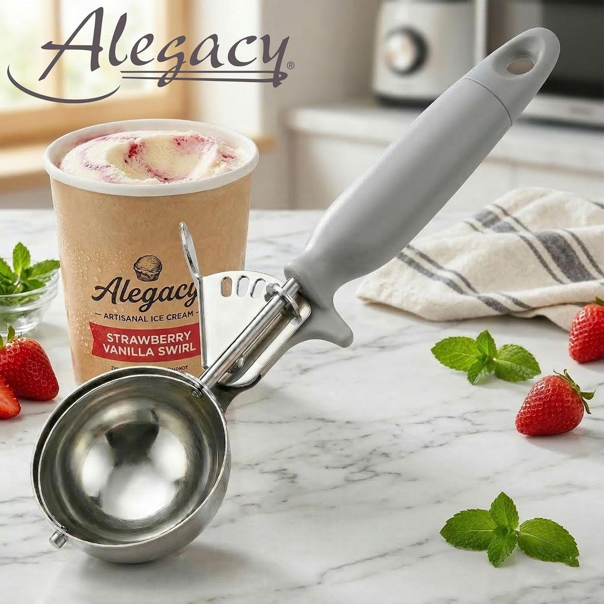 Ice Cream Scoop Disher 4 oz – Stainless Steel Commercial Ice Cream Scooper with Ergonomic Gray Handle – Heavy Duty Trigger Release Portion Scoop for Ice Cream, Gelato | AL1308