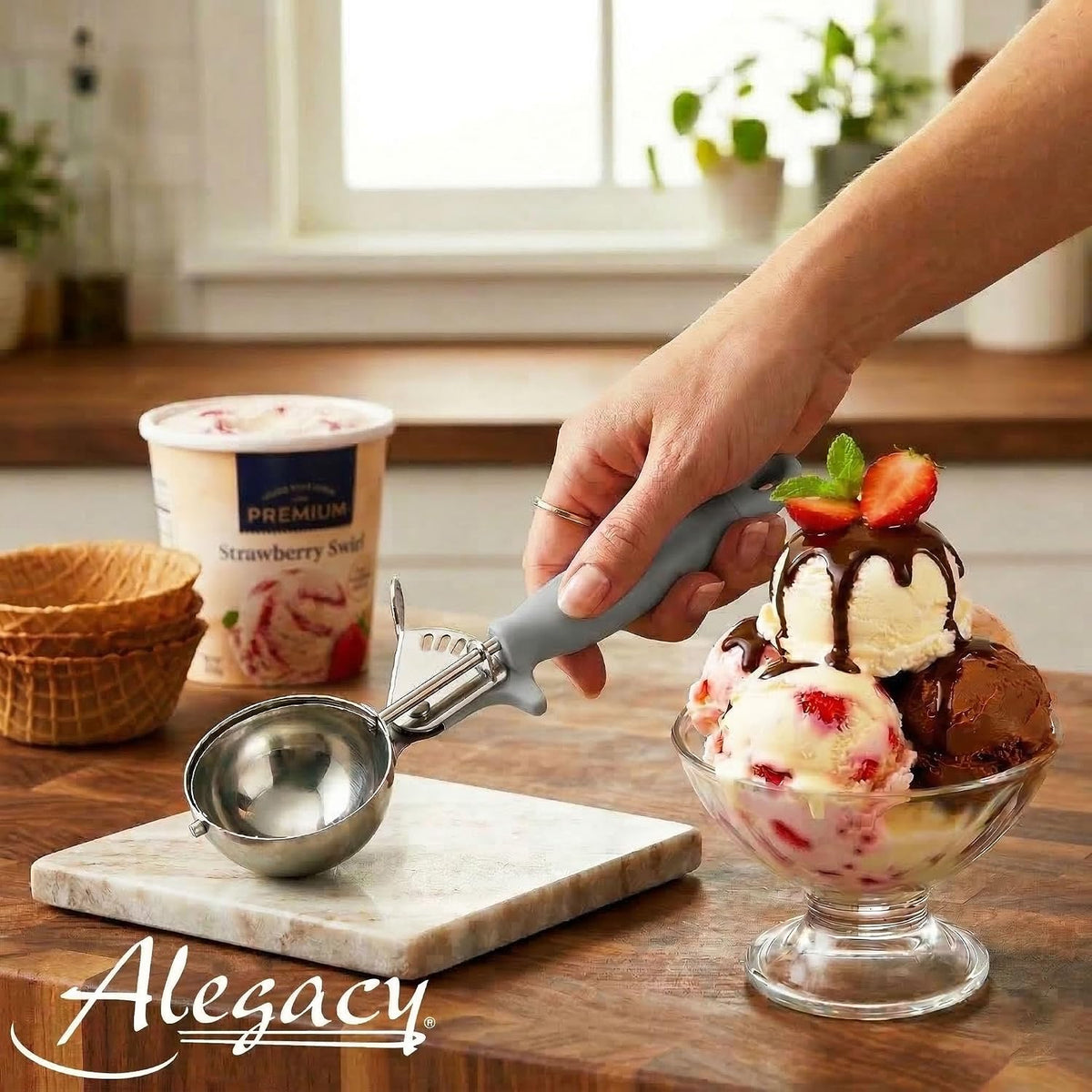 Ice Cream Scoop Disher 4 oz – Stainless Steel Commercial Ice Cream Scooper with Ergonomic Gray Handle – Heavy Duty Trigger Release Portion Scoop for Ice Cream, Gelato | AL1308