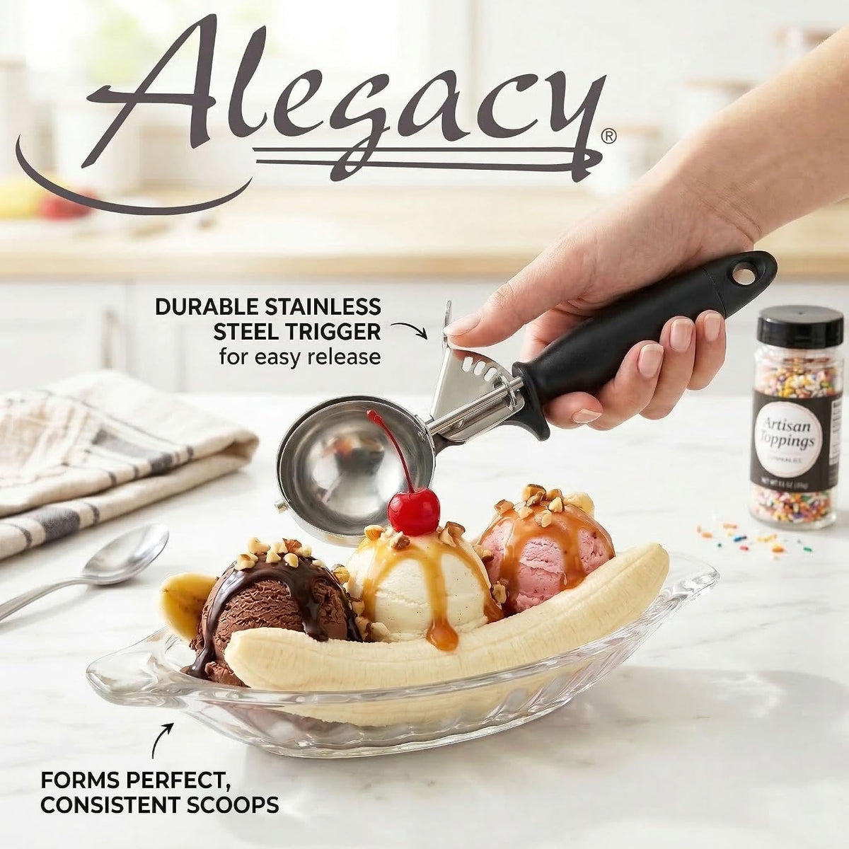 Ice Cream Scoop Disher 4 oz – Stainless Steel Commercial Ice Cream Scooper with Ergonomic Gray Handle – Heavy Duty Trigger Release Portion Scoop for Ice Cream, Gelato | AL1308