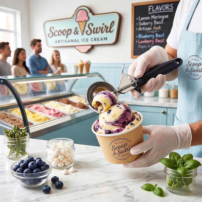 Ice Cream Scoop Disher 4 oz – Stainless Steel Commercial Ice Cream Scooper with Ergonomic Gray Handle – Heavy Duty Trigger Release Portion Scoop for Ice Cream, Gelato | AL1308