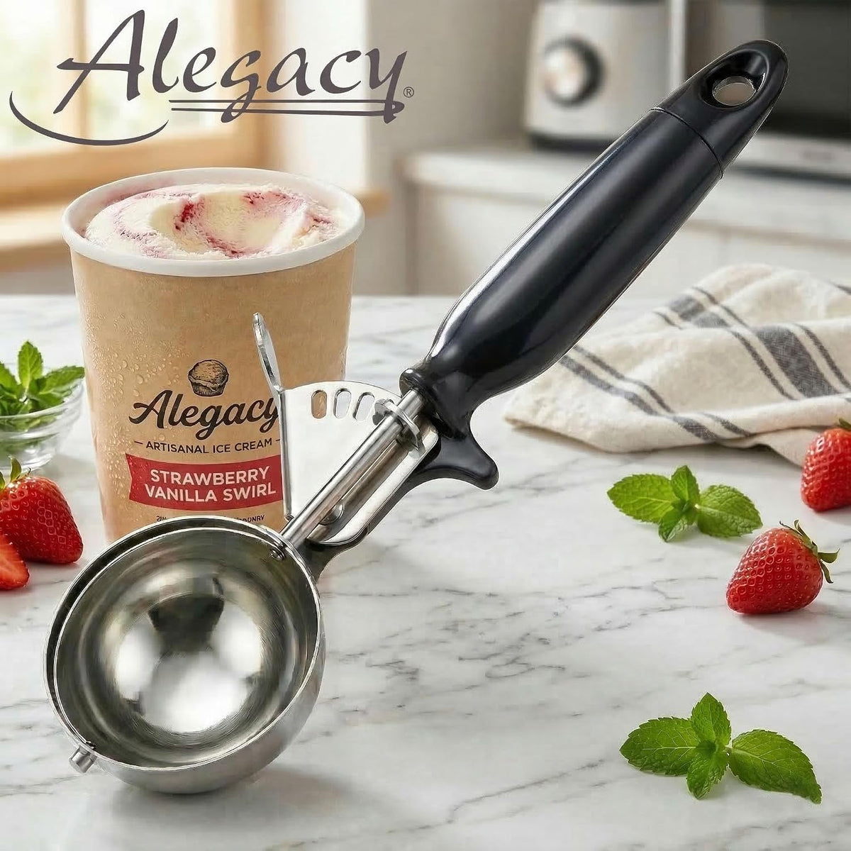 Ice Cream Scoop Disher 4 oz – Stainless Steel Commercial Ice Cream Scooper with Ergonomic Gray Handle – Heavy Duty Trigger Release Portion Scoop for Ice Cream, Gelato | AL1308