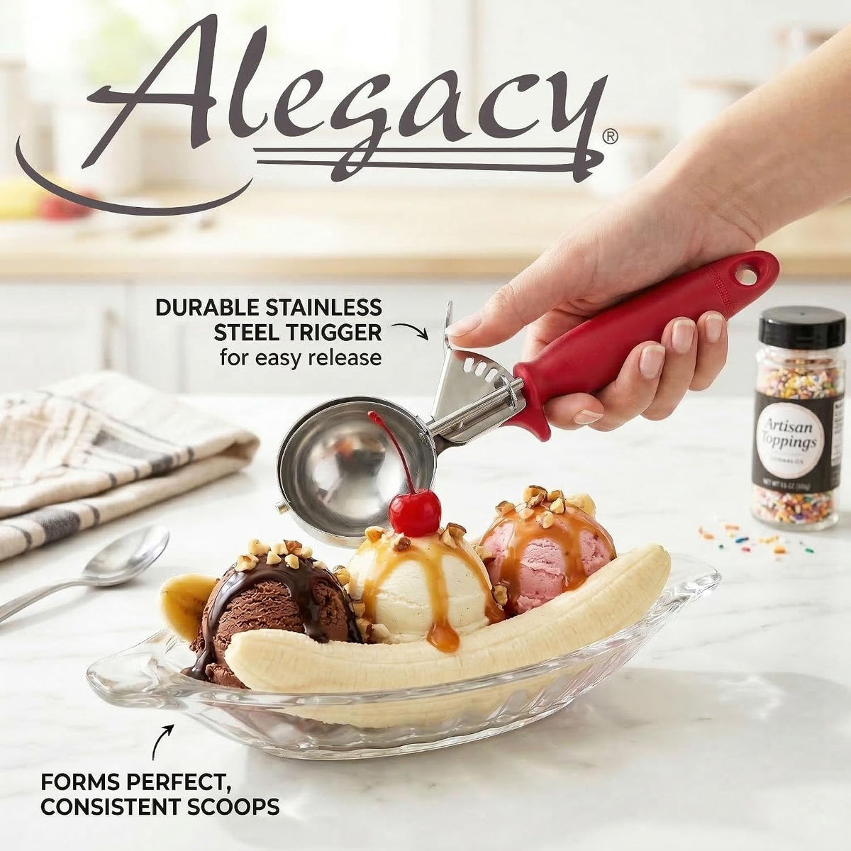 Ice Cream Scoop Disher 4 oz – Stainless Steel Commercial Ice Cream Scooper with Ergonomic Gray Handle – Heavy Duty Trigger Release Portion Scoop for Ice Cream, Gelato | AL1308