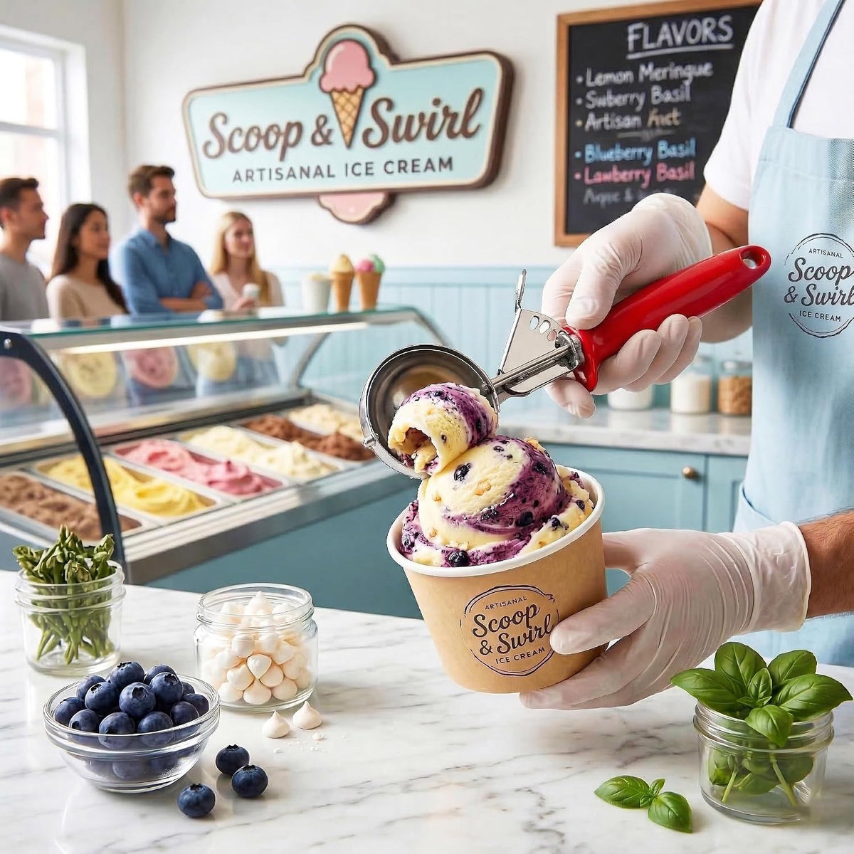 Ice Cream Scoop Disher 4 oz – Stainless Steel Commercial Ice Cream Scooper with Ergonomic Gray Handle – Heavy Duty Trigger Release Portion Scoop for Ice Cream, Gelato | AL1308