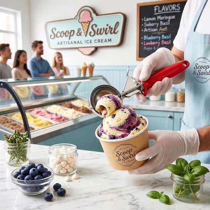 Ice Cream Scoop Disher 4 oz – Stainless Steel Commercial Ice Cream Scooper with Ergonomic Gray Handle – Heavy Duty Trigger Release Portion Scoop for Ice Cream, Gelato | AL1308