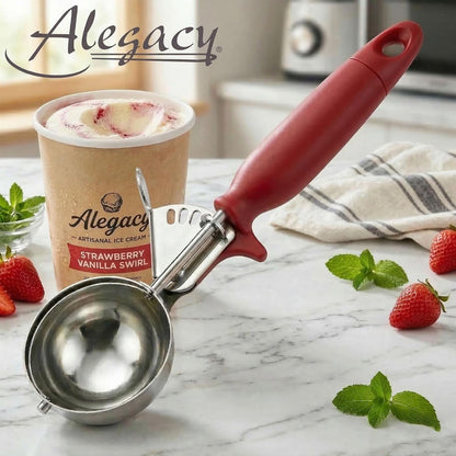 Ice Cream Scoop Disher 4 oz – Stainless Steel Commercial Ice Cream Scooper with Ergonomic Gray Handle – Heavy Duty Trigger Release Portion Scoop for Ice Cream, Gelato | AL1308