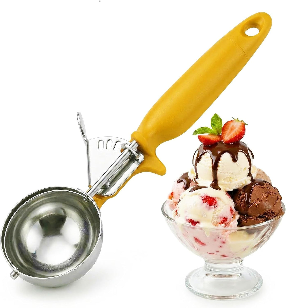 Ice Cream Scoop Disher 4 oz – Stainless Steel Commercial Ice Cream Scooper with Ergonomic Gray Handle – Heavy Duty Trigger Release Portion Scoop for Ice Cream, Gelato | AL1308
