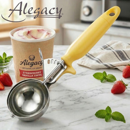 Ice Cream Scoop Disher 4 oz – Stainless Steel Commercial Ice Cream Scooper with Ergonomic Gray Handle – Heavy Duty Trigger Release Portion Scoop for Ice Cream, Gelato | AL1308