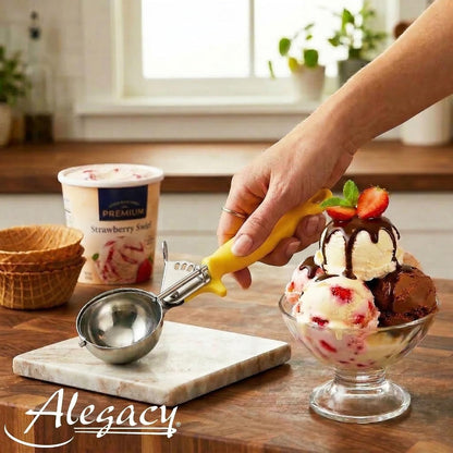 Ice Cream Scoop Disher 4 oz – Stainless Steel Commercial Ice Cream Scooper with Ergonomic Gray Handle – Heavy Duty Trigger Release Portion Scoop for Ice Cream, Gelato | AL1308