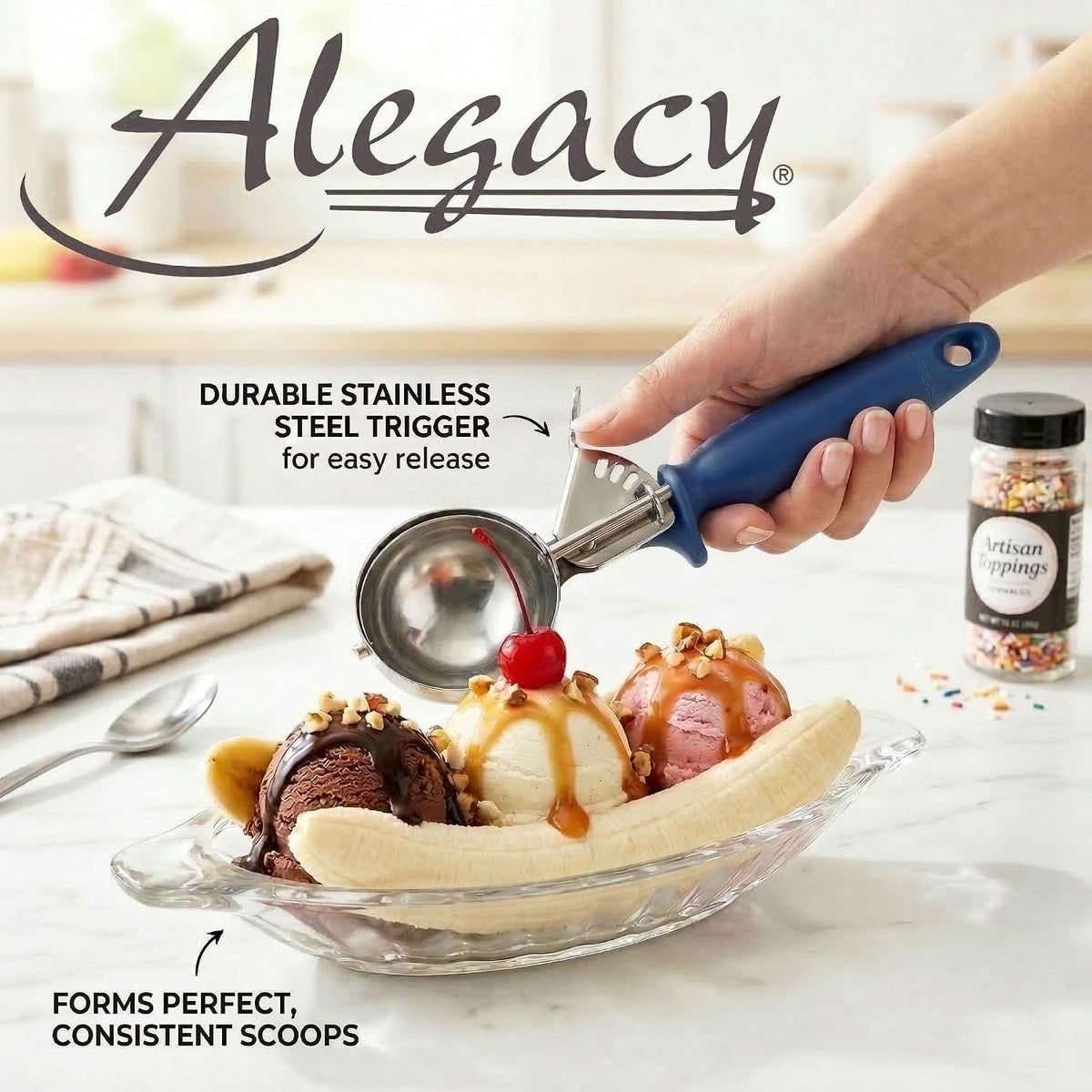 Ice Cream Scoop Disher 4 oz – Stainless Steel Commercial Ice Cream Scooper with Ergonomic Gray Handle – Heavy Duty Trigger Release Portion Scoop for Ice Cream, Gelato | AL1308