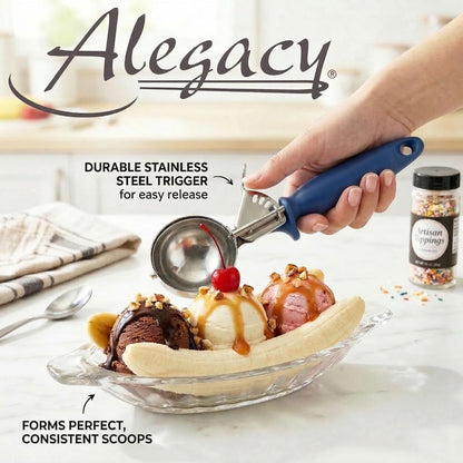 Ice Cream Scoop Disher 4 oz – Stainless Steel Commercial Ice Cream Scooper with Ergonomic Gray Handle – Heavy Duty Trigger Release Portion Scoop for Ice Cream, Gelato | AL1308