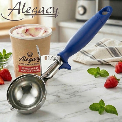 Ice Cream Scoop Disher 4 oz – Stainless Steel Commercial Ice Cream Scooper with Ergonomic Gray Handle – Heavy Duty Trigger Release Portion Scoop for Ice Cream, Gelato | AL1308