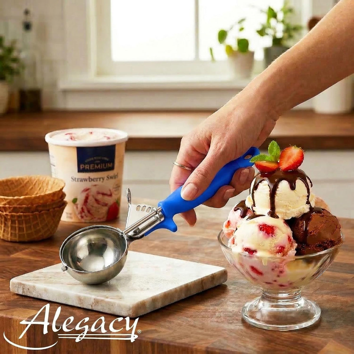 Ice Cream Scoop Disher 4 oz – Stainless Steel Commercial Ice Cream Scooper with Ergonomic Gray Handle – Heavy Duty Trigger Release Portion Scoop for Ice Cream, Gelato | AL1308