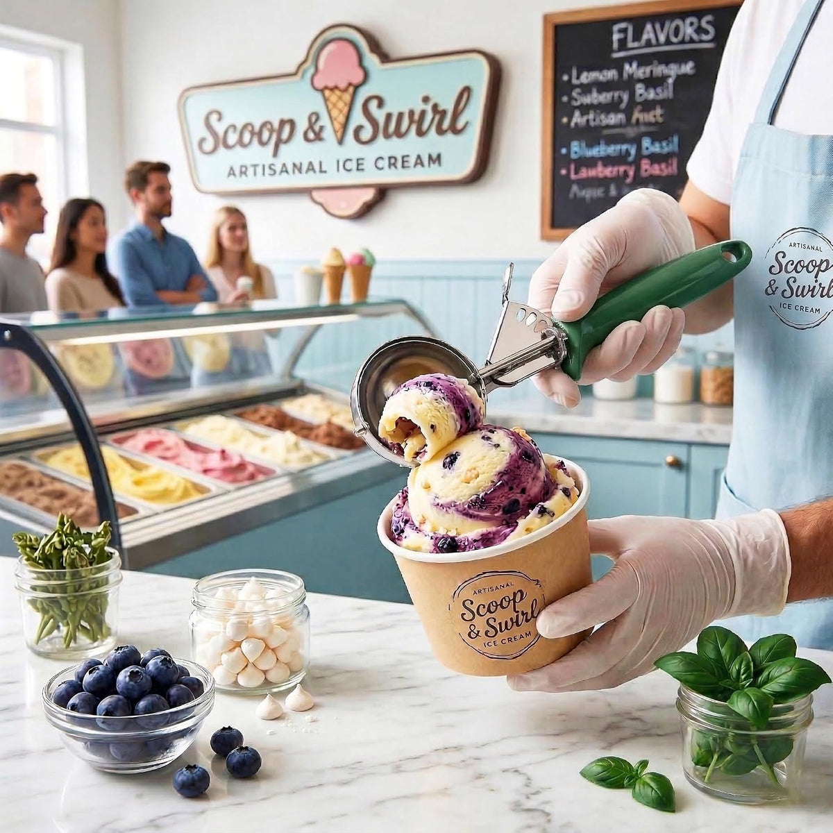 Ice Cream Scoop Disher 4 oz – Stainless Steel Commercial Ice Cream Scooper with Ergonomic Gray Handle – Heavy Duty Trigger Release Portion Scoop for Ice Cream, Gelato | AL1308