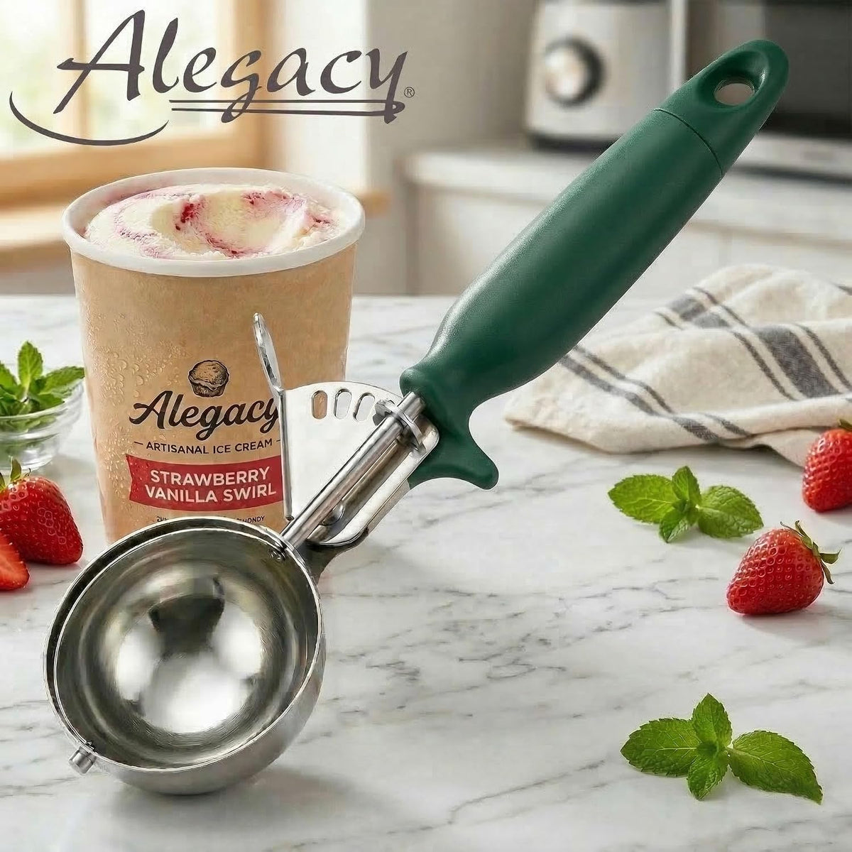 Ice Cream Scoop Disher 4 oz – Stainless Steel Commercial Ice Cream Scooper with Ergonomic Gray Handle – Heavy Duty Trigger Release Portion Scoop for Ice Cream, Gelato | AL1308