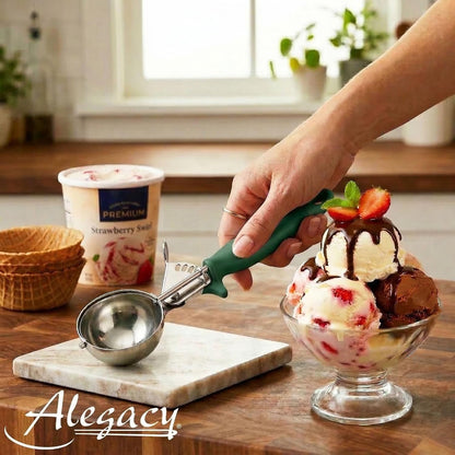 Ice Cream Scoop Disher 4 oz – Stainless Steel Commercial Ice Cream Scooper with Ergonomic Gray Handle – Heavy Duty Trigger Release Portion Scoop for Ice Cream, Gelato | AL1308