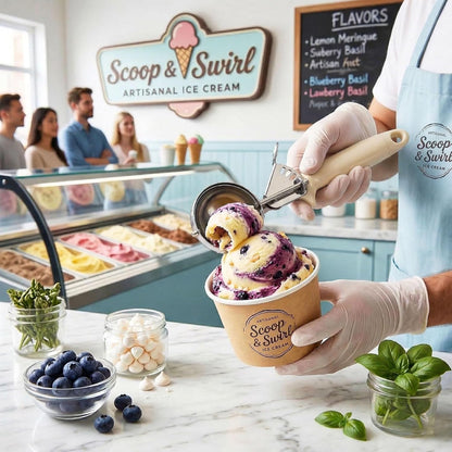 Ice Cream Scoop Disher 4 oz – Stainless Steel Commercial Ice Cream Scooper with Ergonomic Gray Handle – Heavy Duty Trigger Release Portion Scoop for Ice Cream, Gelato | AL1308