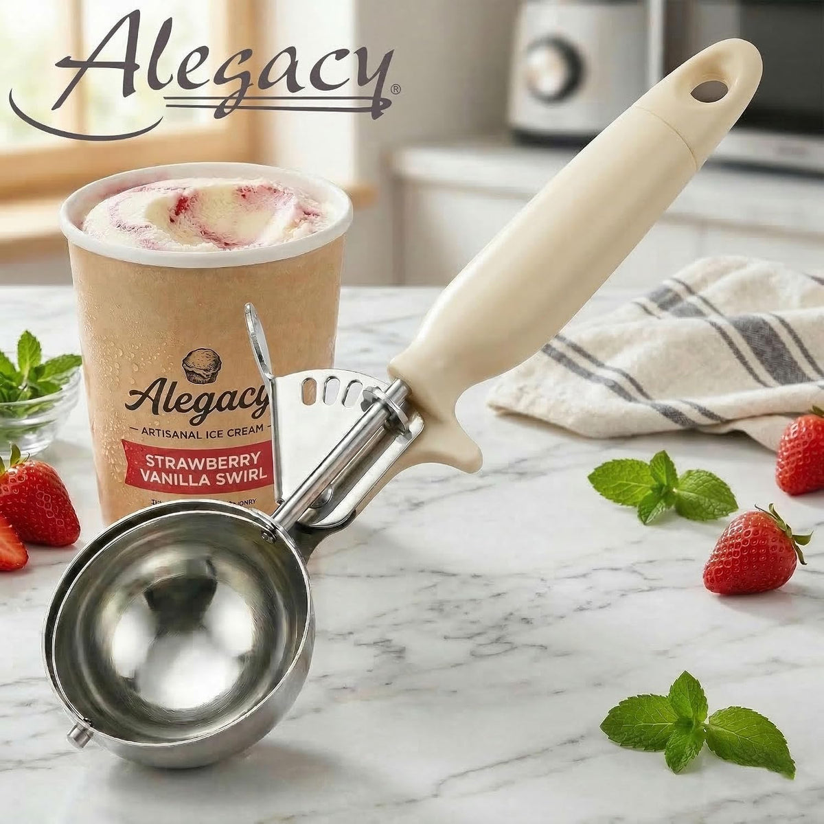 Ice Cream Scoop Disher 4 oz – Stainless Steel Commercial Ice Cream Scooper with Ergonomic Gray Handle – Heavy Duty Trigger Release Portion Scoop for Ice Cream, Gelato | AL1308