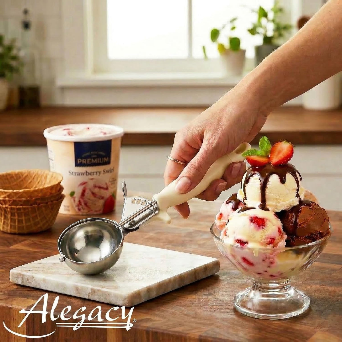 Ice Cream Scoop Disher 4 oz – Stainless Steel Commercial Ice Cream Scooper with Ergonomic Gray Handle – Heavy Duty Trigger Release Portion Scoop for Ice Cream, Gelato | AL1308