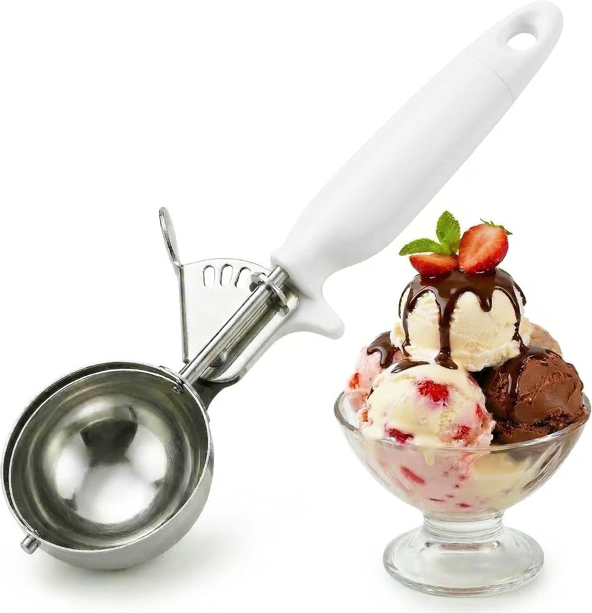 Ice Cream Scoop Disher 4 oz – Stainless Steel Commercial Ice Cream Scooper with Ergonomic Gray Handle – Heavy Duty Trigger Release Portion Scoop for Ice Cream, Gelato | AL1308