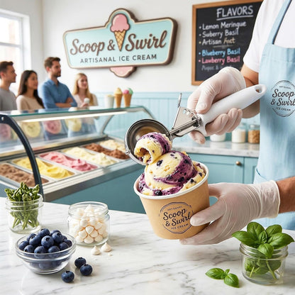Ice Cream Scoop Disher 4 oz – Stainless Steel Commercial Ice Cream Scooper with Ergonomic Gray Handle – Heavy Duty Trigger Release Portion Scoop for Ice Cream, Gelato | AL1308