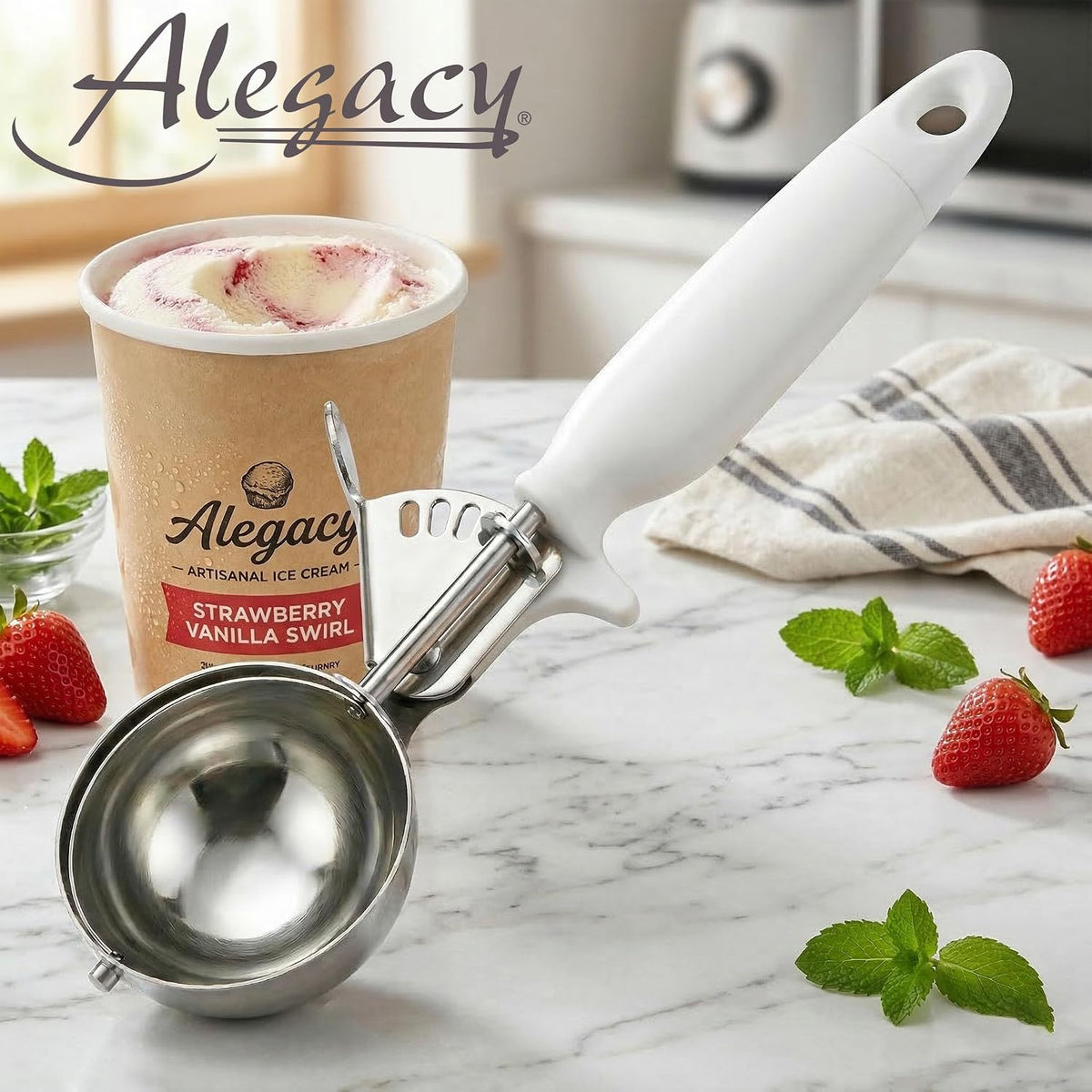 Ice Cream Scoop Disher 4 oz – Stainless Steel Commercial Ice Cream Scooper with Ergonomic Gray Handle – Heavy Duty Trigger Release Portion Scoop for Ice Cream, Gelato | AL1308