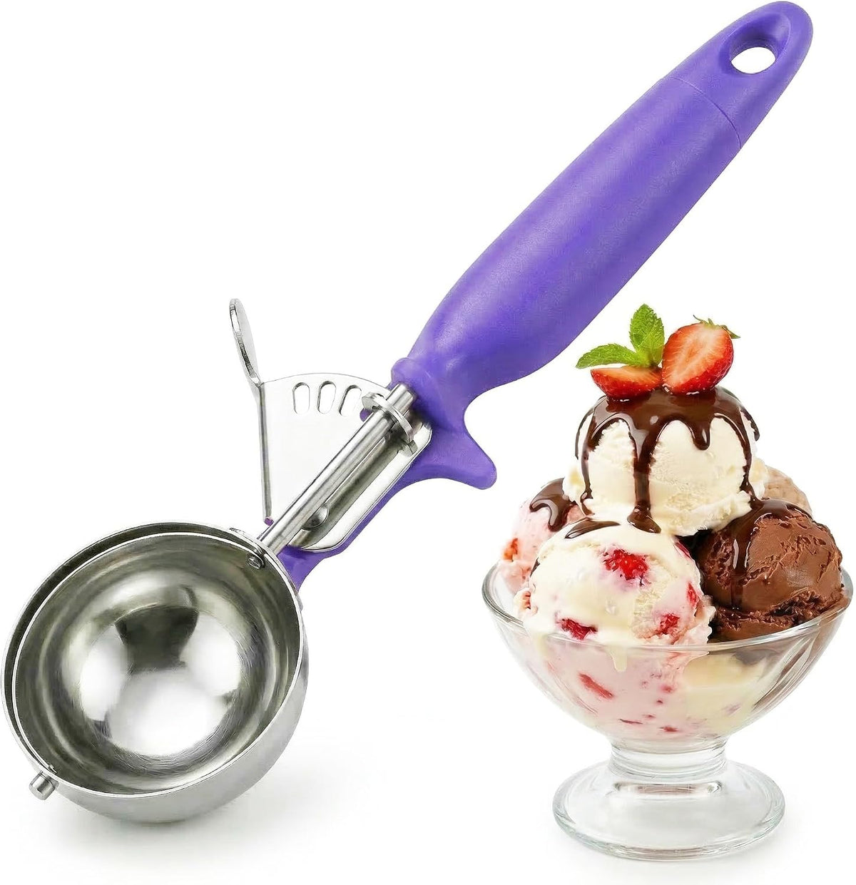 Ice Cream Scoop Disher 4 oz – Stainless Steel Commercial Ice Cream Scooper with Ergonomic Gray Handle – Heavy Duty Trigger Release Portion Scoop for Ice Cream, Gelato | AL1308