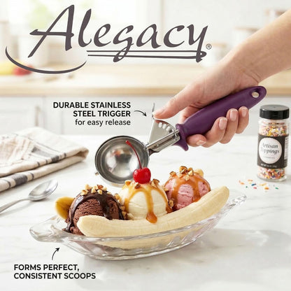 Ice Cream Scoop Disher 4 oz – Stainless Steel Commercial Ice Cream Scooper with Ergonomic Gray Handle – Heavy Duty Trigger Release Portion Scoop for Ice Cream, Gelato | AL1308