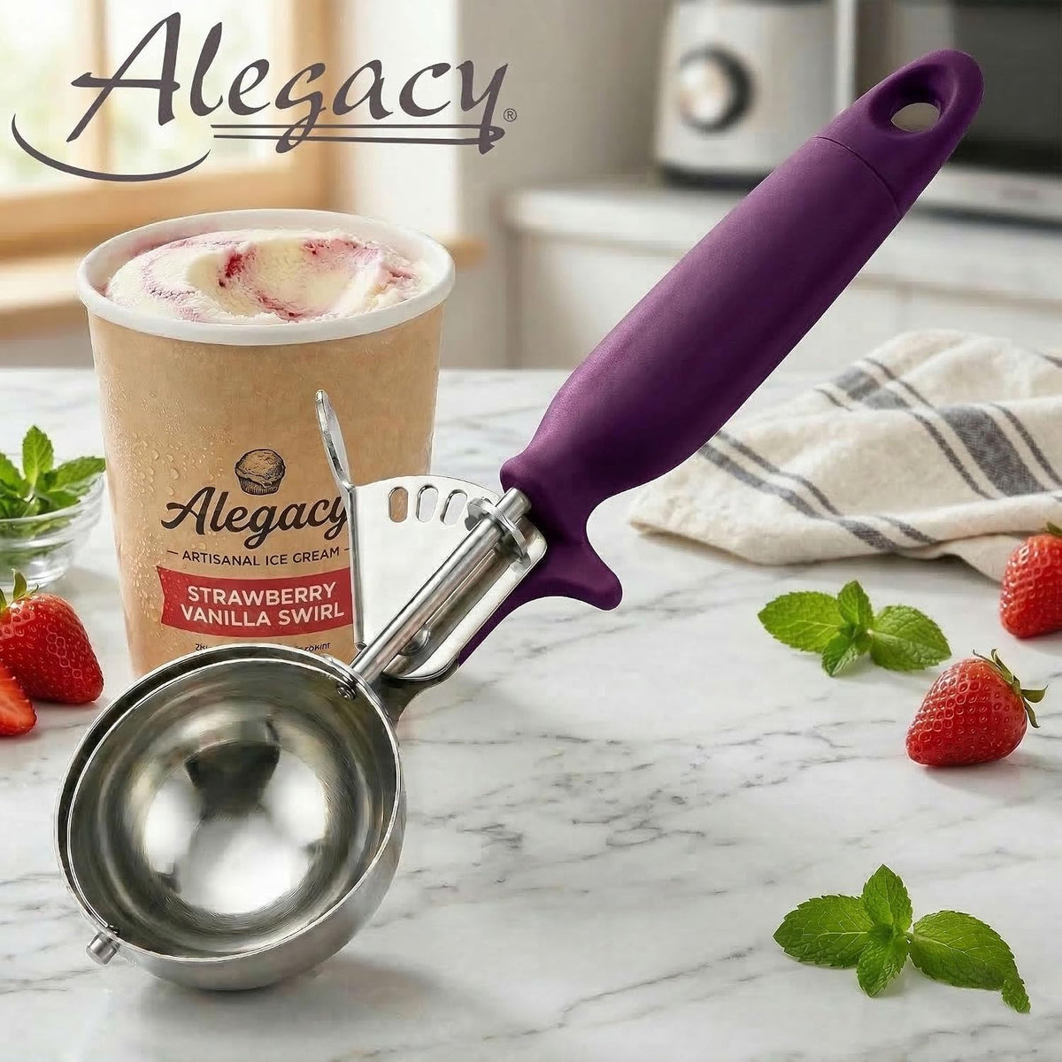 Ice Cream Scoop Disher 4 oz – Stainless Steel Commercial Ice Cream Scooper with Ergonomic Gray Handle – Heavy Duty Trigger Release Portion Scoop for Ice Cream, Gelato | AL1308