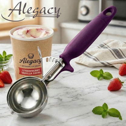 Ice Cream Scoop Disher 4 oz – Stainless Steel Commercial Ice Cream Scooper with Ergonomic Gray Handle – Heavy Duty Trigger Release Portion Scoop for Ice Cream, Gelato | AL1308