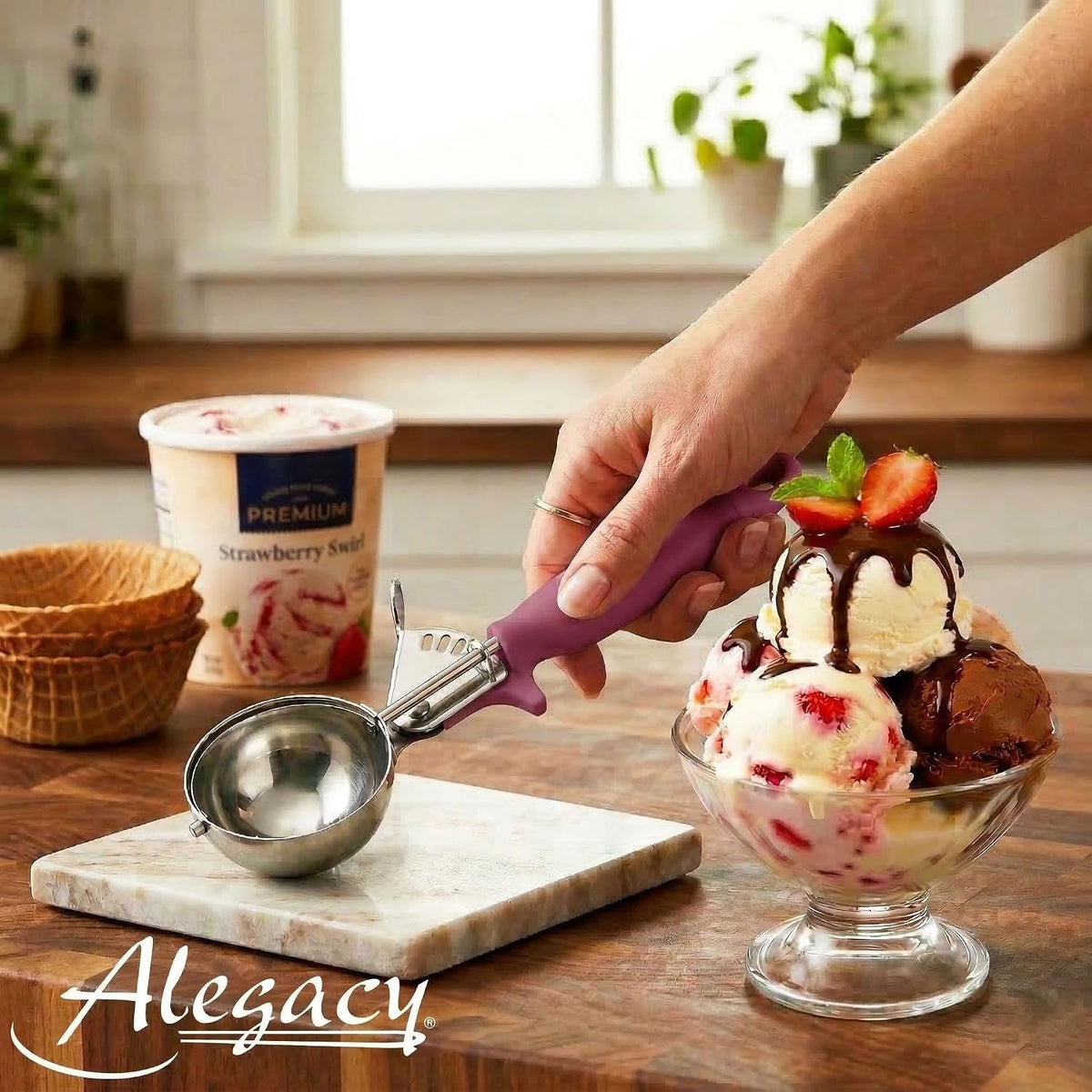 Ice Cream Scoop Disher 4 oz – Stainless Steel Commercial Ice Cream Scooper with Ergonomic Gray Handle – Heavy Duty Trigger Release Portion Scoop for Ice Cream, Gelato | AL1308