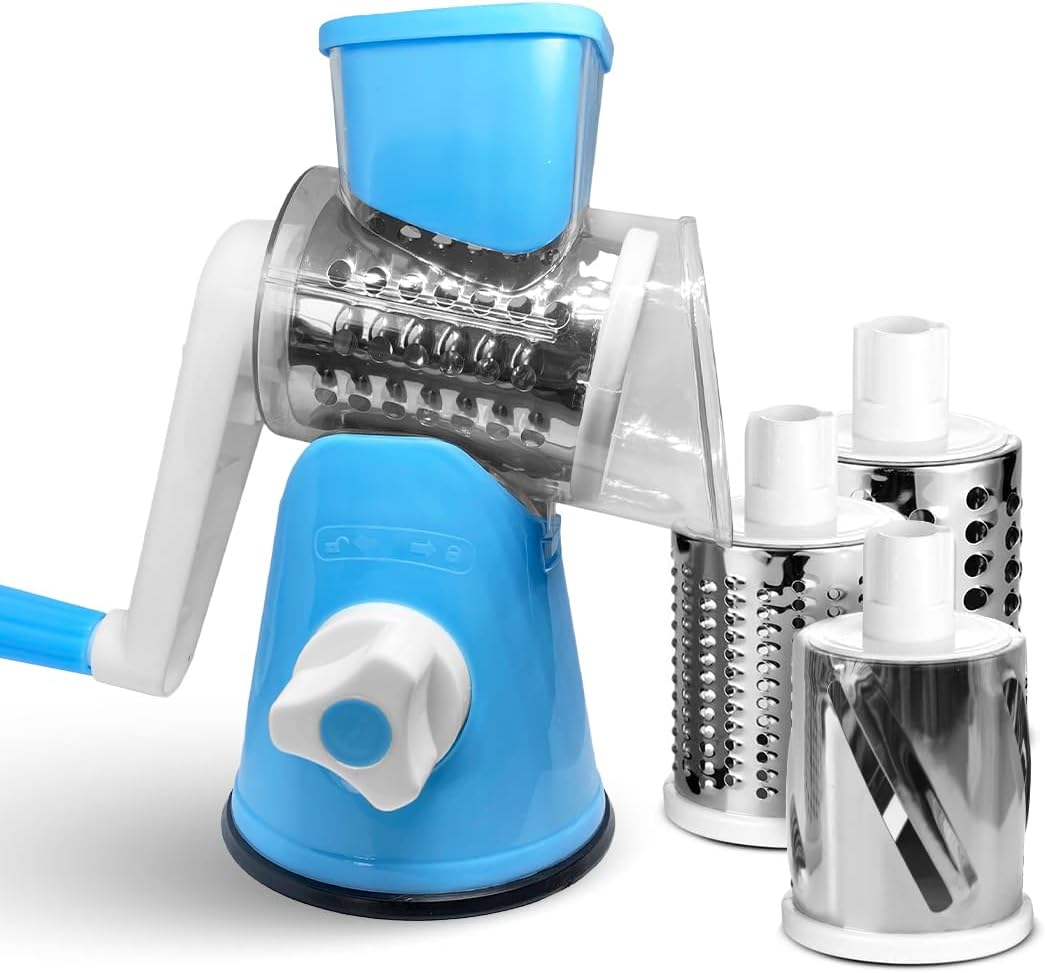Rotary Cheese Grater 3-in-1 – Hand-Crank Vegetable Slicer with Strong Suction Base, Stainless Steel Drum for Cheese, Nuts & Vegetables – Fast & Safe