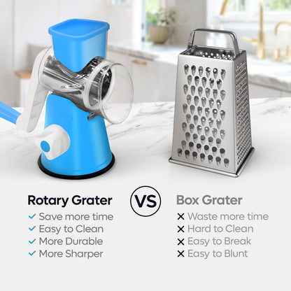 Rotary Cheese Grater 3-in-1 – Hand-Crank Vegetable Slicer with Strong Suction Base, Stainless Steel Drum for Cheese, Nuts & Vegetables – Fast & Safe
