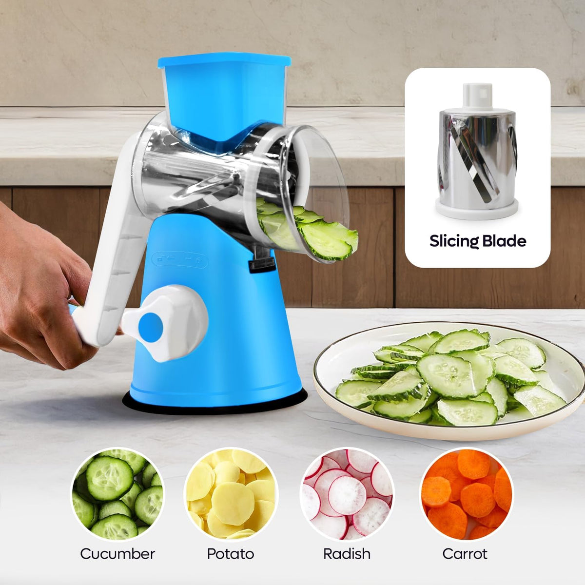 Rotary Cheese Grater 3-in-1 – Hand-Crank Vegetable Slicer with Strong Suction Base, Stainless Steel Drum for Cheese, Nuts & Vegetables – Fast & Safe
