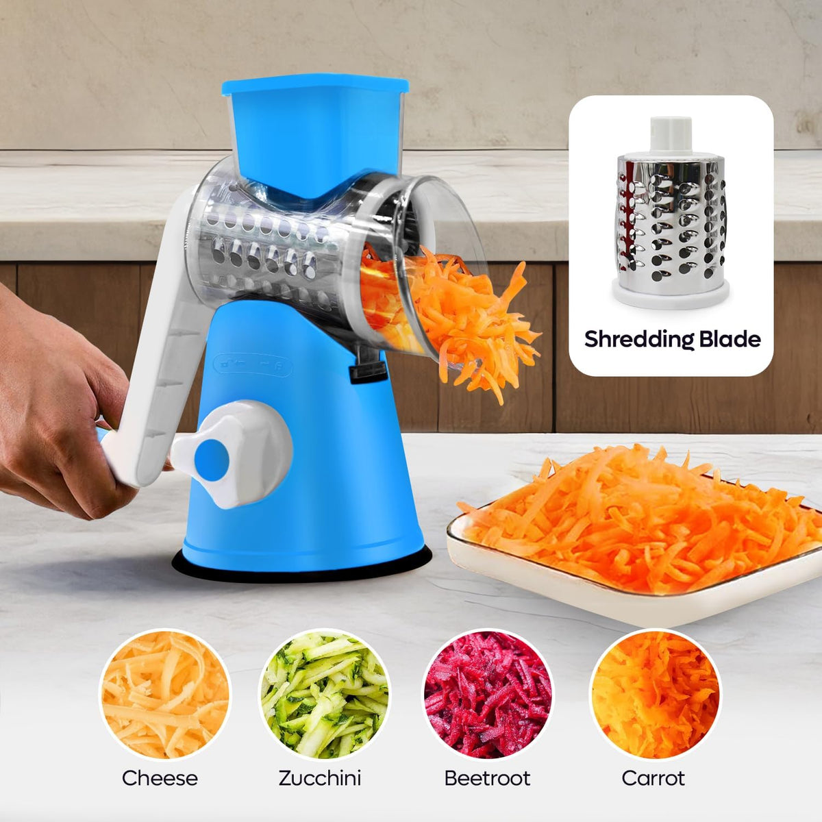Rotary Cheese Grater 3-in-1 – Hand-Crank Vegetable Slicer with Strong Suction Base, Stainless Steel Drum for Cheese, Nuts & Vegetables – Fast & Safe