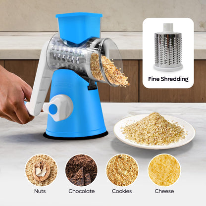 Rotary Cheese Grater 3-in-1 – Hand-Crank Vegetable Slicer with Strong Suction Base, Stainless Steel Drum for Cheese, Nuts & Vegetables – Fast & Safe