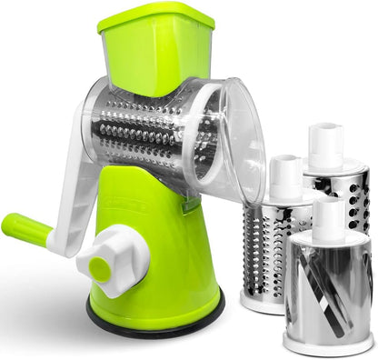 Rotary Cheese Grater 3-in-1 – Hand-Crank Vegetable Slicer with Strong Suction Base, Stainless Steel Drum for Cheese, Nuts & Vegetables – Fast & Safe