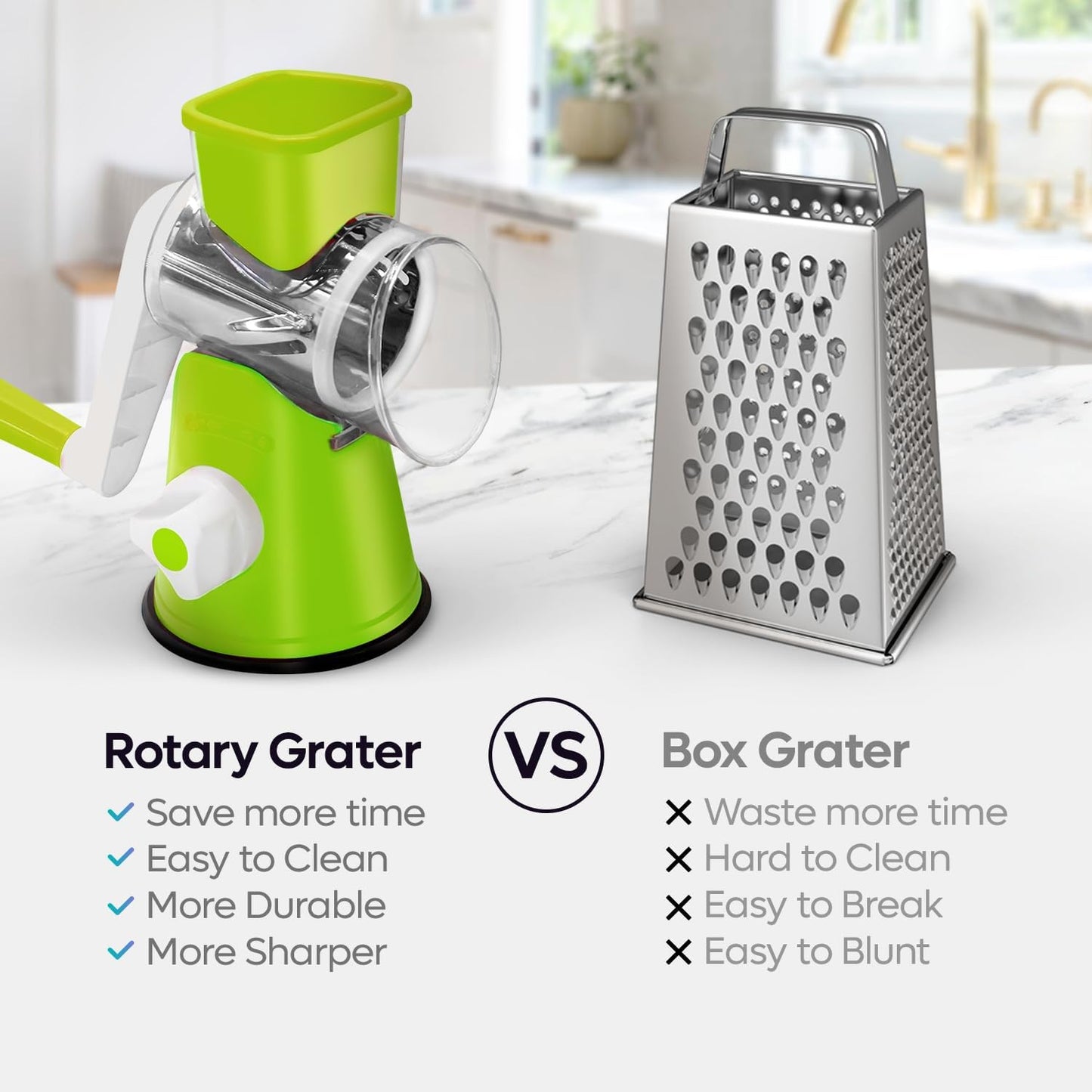 Rotary Cheese Grater 3-in-1 – Hand-Crank Vegetable Slicer with Strong Suction Base, Stainless Steel Drum for Cheese, Nuts & Vegetables – Fast & Safe