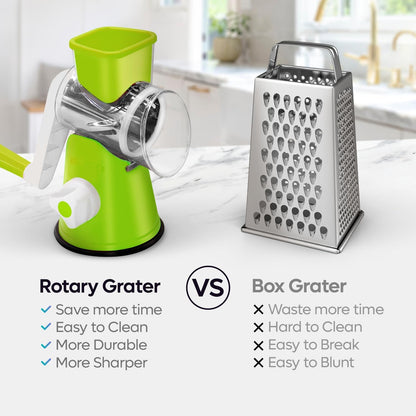 Rotary Cheese Grater 3-in-1 – Hand-Crank Vegetable Slicer with Strong Suction Base, Stainless Steel Drum for Cheese, Nuts & Vegetables – Fast & Safe