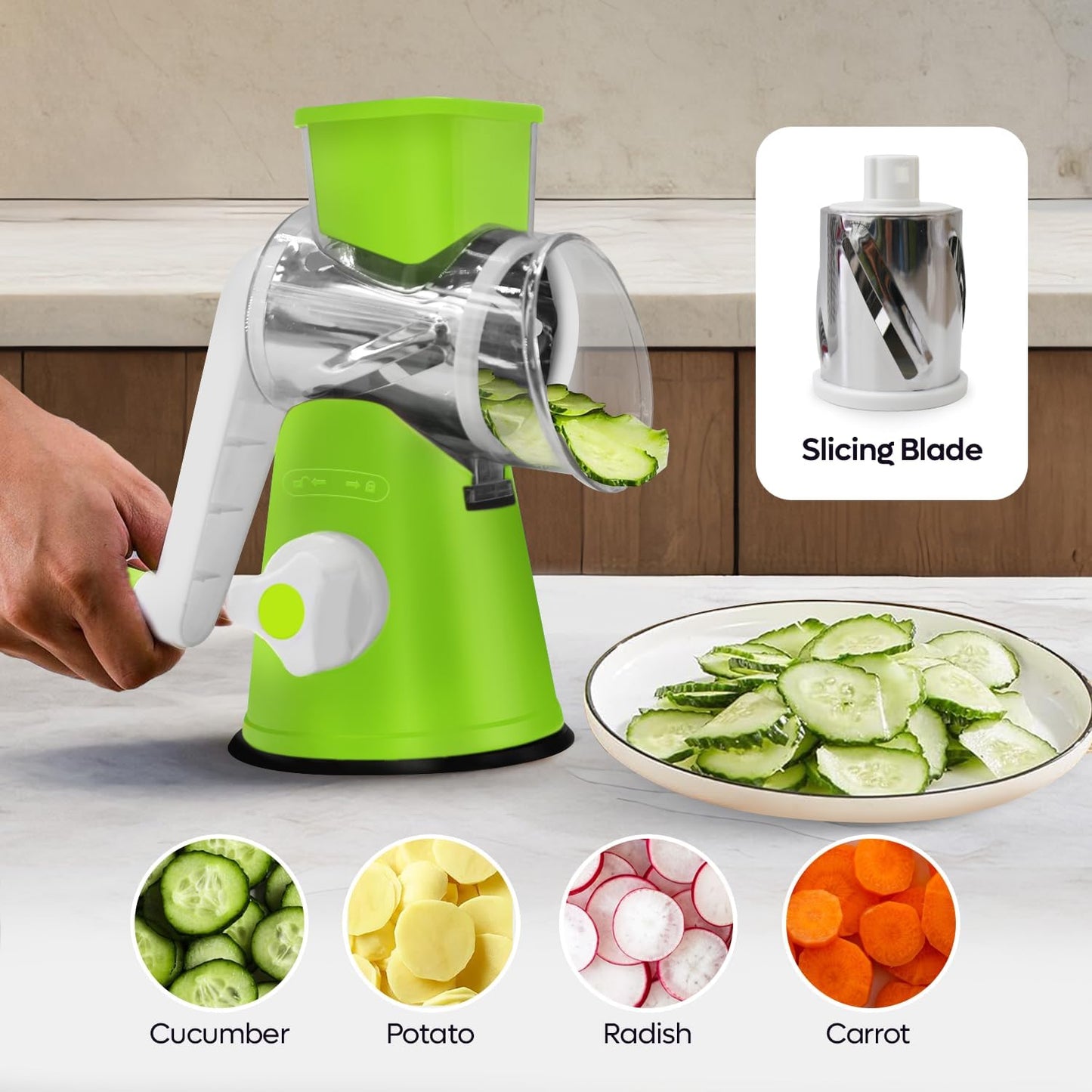 Rotary Cheese Grater 3-in-1 – Hand-Crank Vegetable Slicer with Strong Suction Base, Stainless Steel Drum for Cheese, Nuts & Vegetables – Fast & Safe