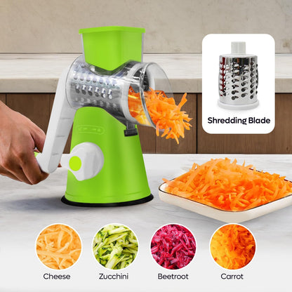 Rotary Cheese Grater 3-in-1 – Hand-Crank Vegetable Slicer with Strong Suction Base, Stainless Steel Drum for Cheese, Nuts & Vegetables – Fast & Safe