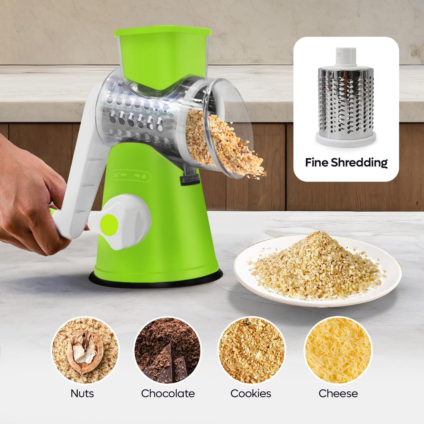 Rotary Cheese Grater 3-in-1 – Hand-Crank Vegetable Slicer with Strong Suction Base, Stainless Steel Drum for Cheese, Nuts & Vegetables – Fast & Safe