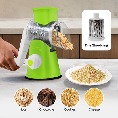 Rotary Cheese Grater 3-in-1 – Hand-Crank Vegetable Slicer with Strong Suction Base, Stainless Steel Drum for Cheese, Nuts & Vegetables – Fast & Safe