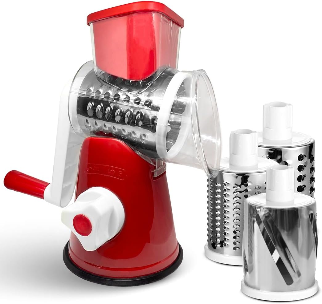 Rotary Cheese Grater 3-in-1 – Hand-Crank Vegetable Slicer with Strong Suction Base, Stainless Steel Drum for Cheese, Nuts & Vegetables – Fast & Safe