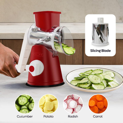Rotary Cheese Grater 3-in-1 – Hand-Crank Vegetable Slicer with Strong Suction Base, Stainless Steel Drum for Cheese, Nuts & Vegetables – Fast & Safe