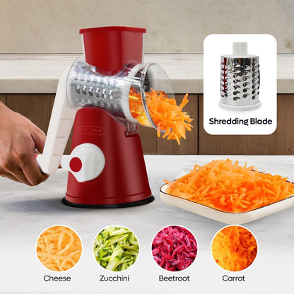 Rotary Cheese Grater 3-in-1 – Hand-Crank Vegetable Slicer with Strong Suction Base, Stainless Steel Drum for Cheese, Nuts & Vegetables – Fast & Safe