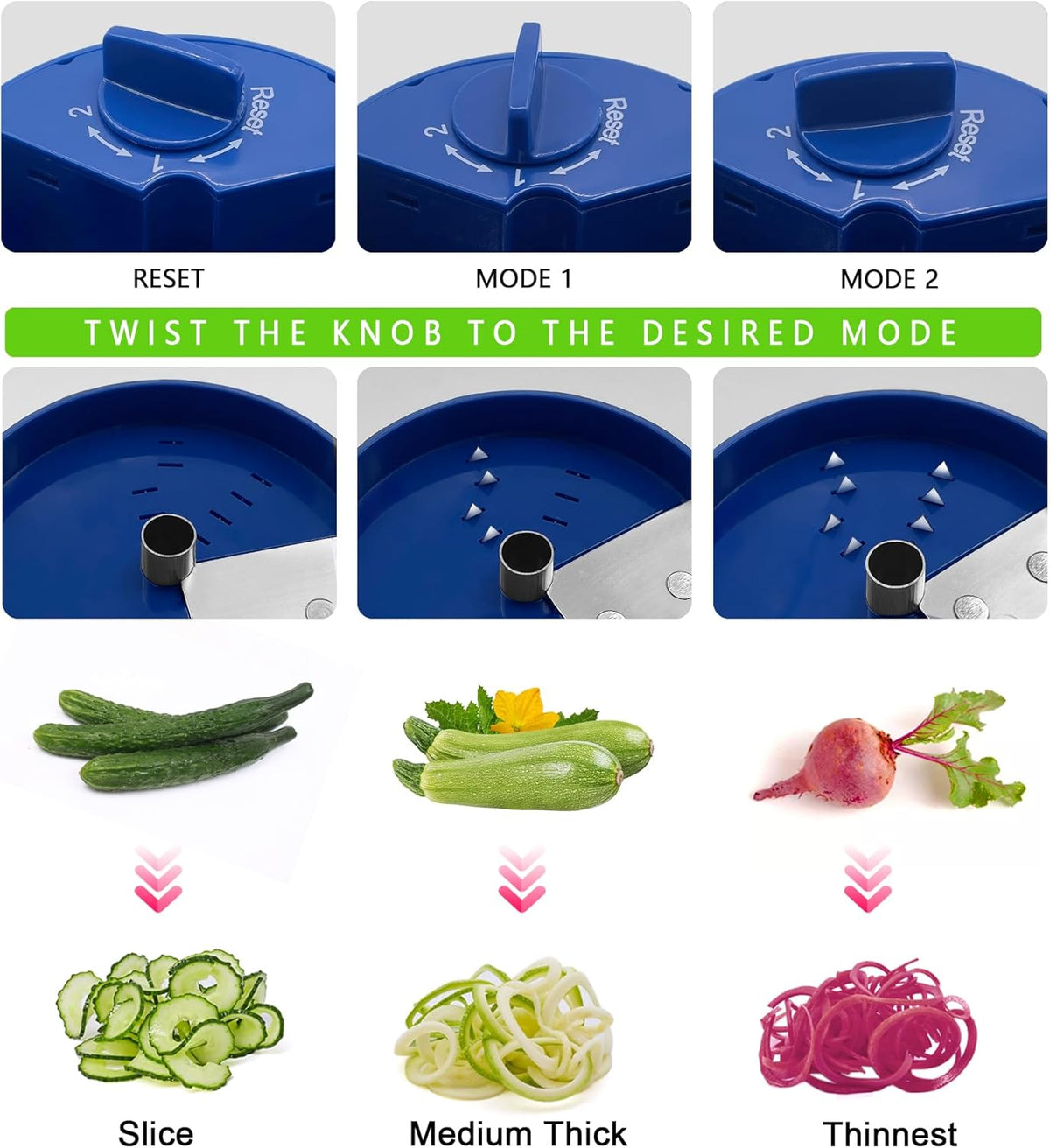 Vegetable Spiralizer 3-in-1, Zucchini Spiralizer Noodle Maker, Adjustable Food-Grade Stainless Steel Blade, Zoodle Maker for Zucchini, Cucumber, Carrot, Veggie Pasta, Low-Carb Meals (Blue)